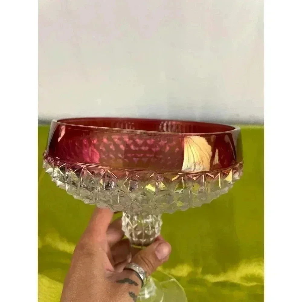 VTG Clear Pressed Indiana Glass Diamond Point Candy‎ Dish Ruby Red 7”
